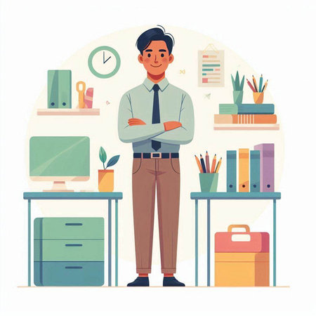 Businessman in office. Vector illustration in flat style. Workplace.のイラスト素材