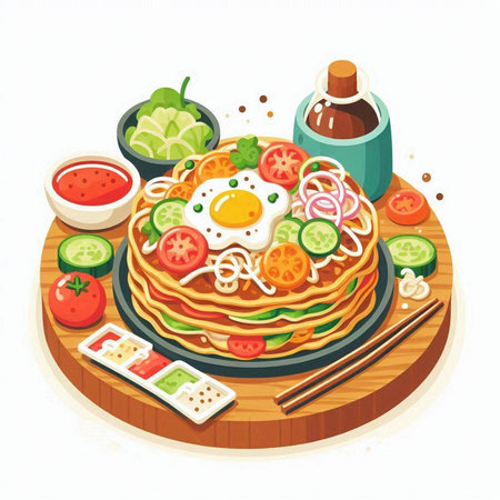 Vector illustration of Chinese pancake with fried egg, vegetables and sauceのイラスト素材