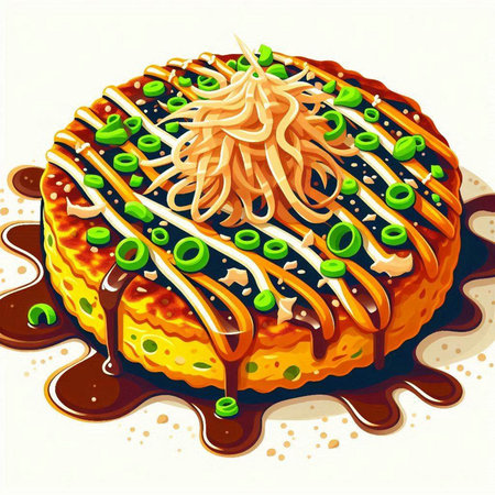 Illustration of a cake with chocolate syrup on a white background.のイラスト素材