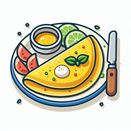Omelette with eggs, tomato and lemon on plate. Vector illustration.のイラスト素材