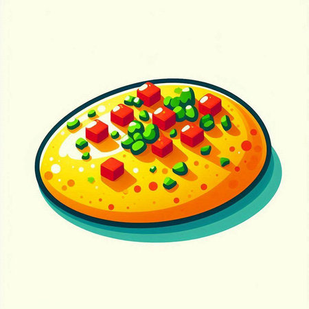 Illustration of pizza slice with cheese, tomato and green peas.のイラスト素材