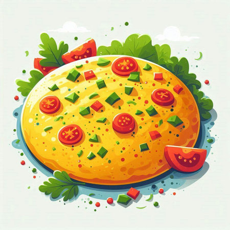 Omelette with tomato, cucumber and parsley. Vector illustration.のイラスト素材