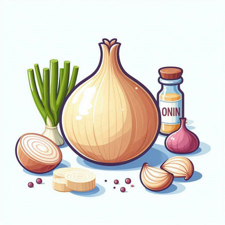 Onion, garlic, pepper and oil. Vector illustration for your designのイラスト素材
