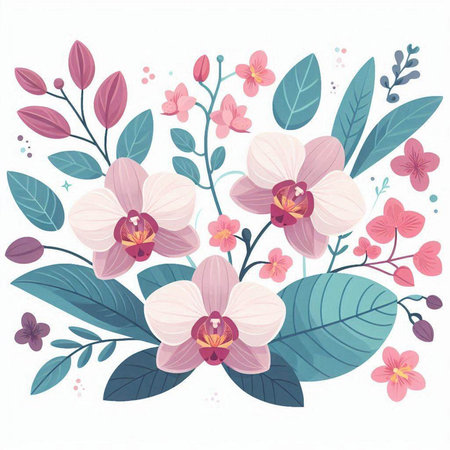 Floral background with orchids and leaves. Vector illustration.のイラスト素材