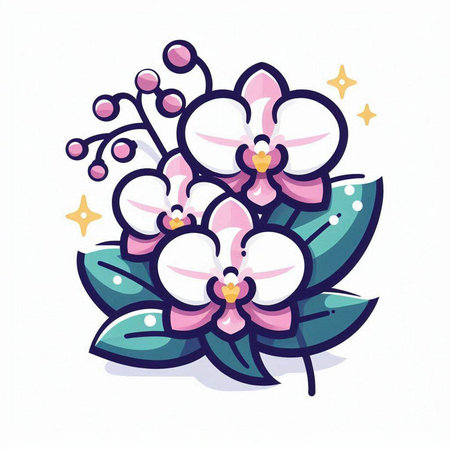 Illustration of pink orchid flowers with green leaves and stars.のイラスト素材