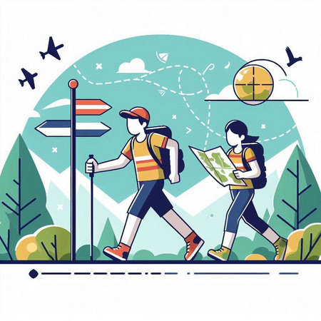 Hiking people with map and backpack. Vector illustration in flat styleのイラスト素材
