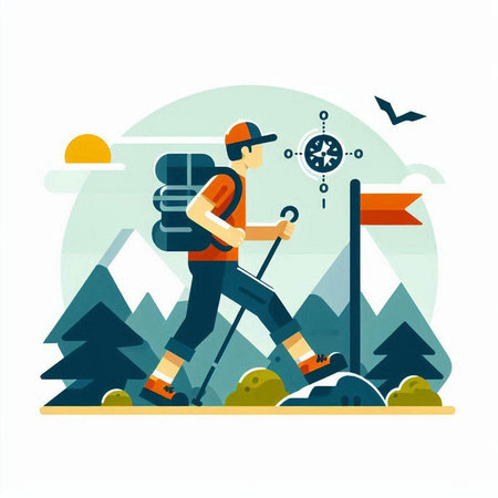 Hiking vector illustration. Hiker with backpack on a background of mountains.のイラスト素材