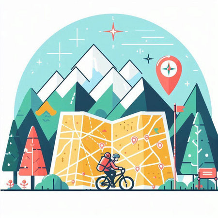 Vector illustration of a mountain bike on the background of a map and mountainsのイラスト素材