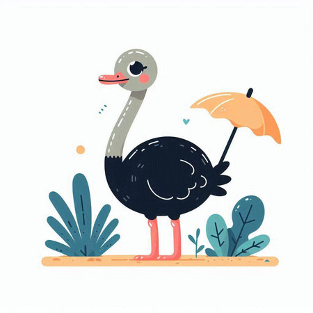 Cute cartoon ostrich with umbrella. Vector illustration in flat style.のイラスト素材