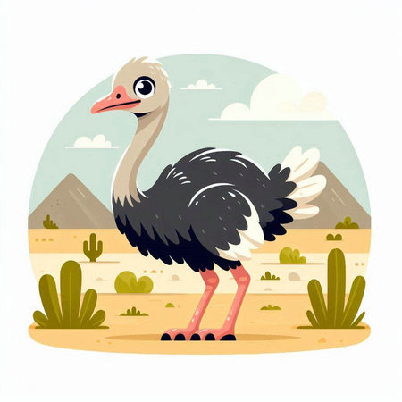 Ostrich in the desert. Vector illustration in flat style.のイラスト素材