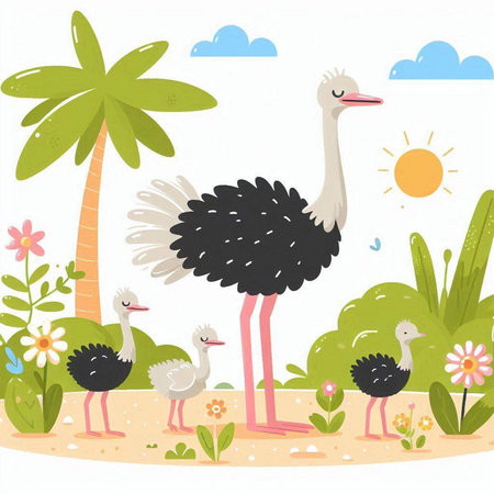 Ostrich and chicks on the beach. Cute cartoon vector illustration.のイラスト素材