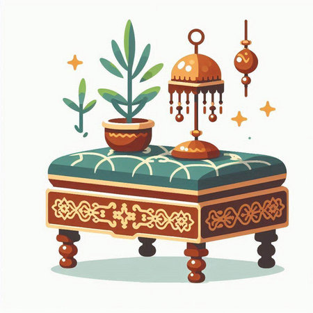 Vector illustration of an oriental bed with a lamp and a treeのイラスト素材