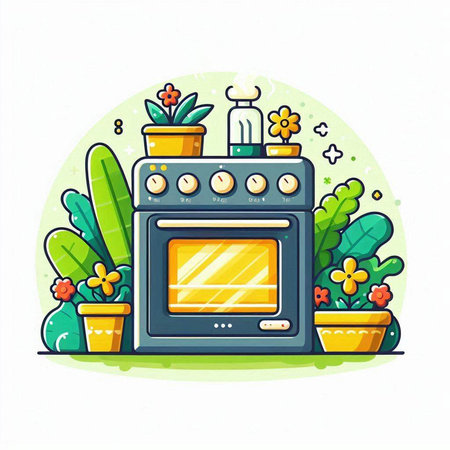 Illustration of a gas stove with plants in pots on a white backgroundのイラスト素材