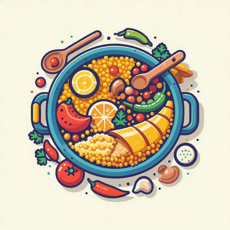 Bowl of lentils with vegetables and fruits. Vector illustration.のイラスト素材