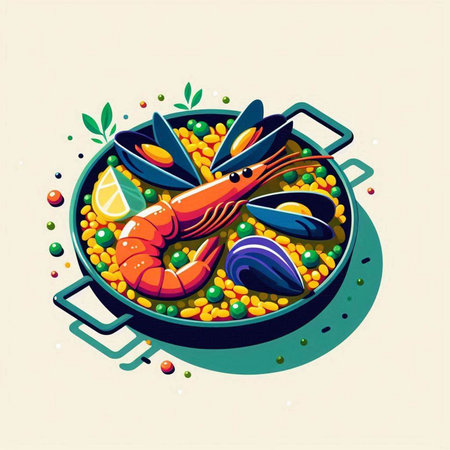 Seafood paella in a frying pan. Vector illustration.のイラスト素材