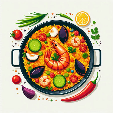 Seafood paella in a frying pan. Vector illustration.のイラスト素材