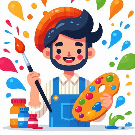 Painter man with palette and paint brush. Vector flat cartoon illustrationのイラスト素材