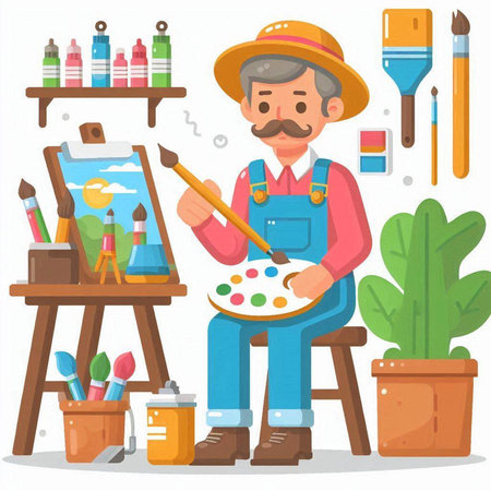 Vector illustration of an artist in his studio. Isolated objects on white background.のイラスト素材