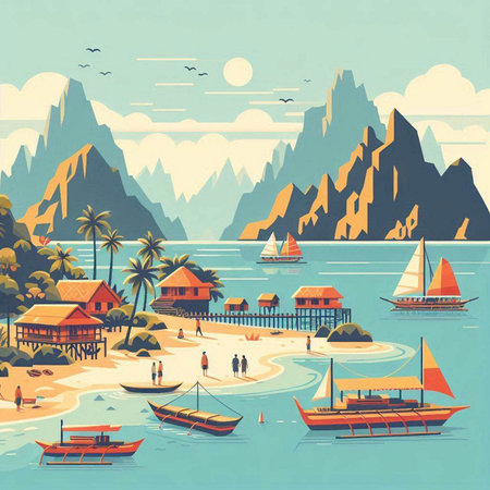 Tropical island with beach and boats. Vector illustration in retro styleのイラスト素材