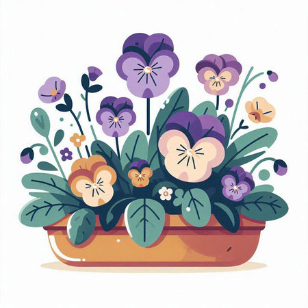 Flowerpot with pansy flowers. Vector illustration in flat styleのイラスト素材