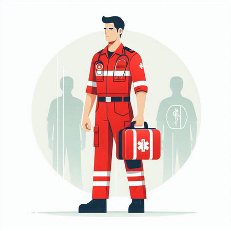 Fireman in red uniform. Vector illustration in flat cartoon style.のイラスト素材