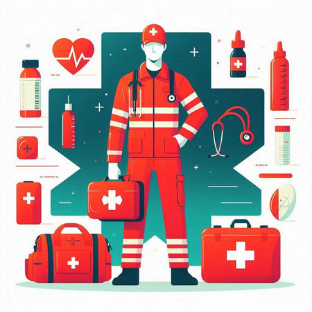 Vector illustration of doctor in uniform with first aid kit in flat styleのイラスト素材