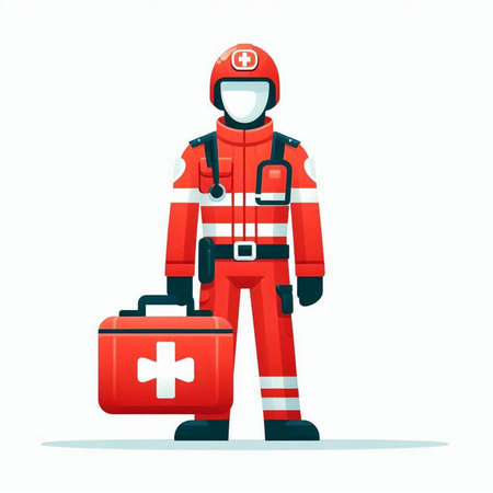 Firefighter in uniform with first aid kit. Vector illustration in flat styleのイラスト素材