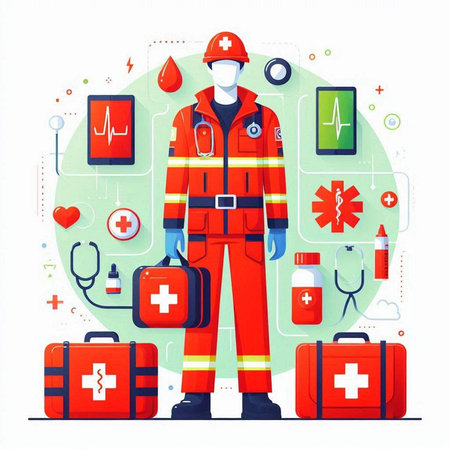 Fireman in uniform with first aid kit. Flat vector illustration.のイラスト素材