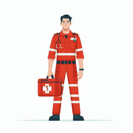 Vector illustration of a paramedic in a red uniform with a first aid kit.のイラスト素材