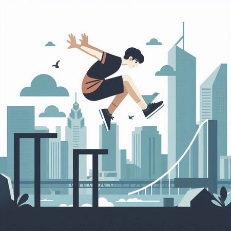 Skateboarder jumping over a bridge in the city. Vector illustration.のイラスト素材