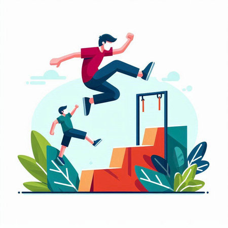 Vector illustration of a young man jumping over the gap in the wall.のイラスト素材