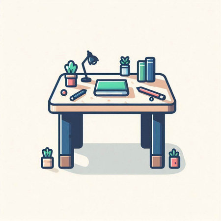 Illustration of a desk with computer and plant on it - vectorのイラスト素材