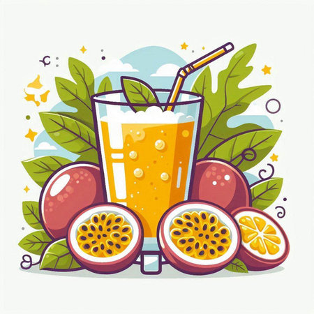 Passion fruit juice in a glass with a straw. Vector illustration.のイラスト素材
