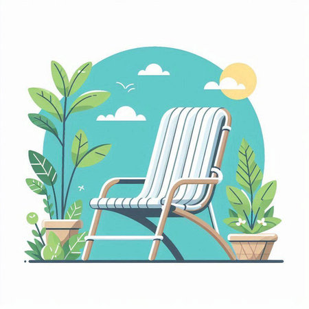 Wooden deck chair in the garden. Vector illustration in flat styleのイラスト素材