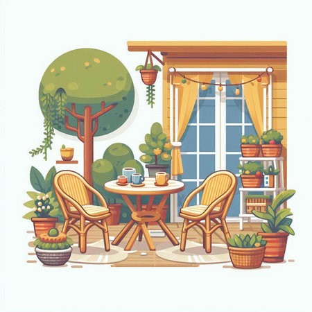 Vector illustration of a cozy terrace with chairs, table and plantsのイラスト素材
