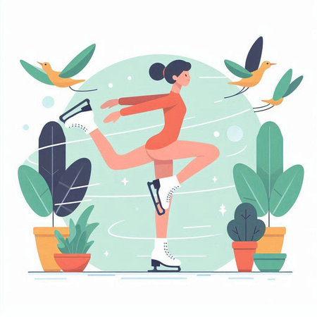 Figure skating. Young woman figure skating on ice. Flat vector illustration.のイラスト素材