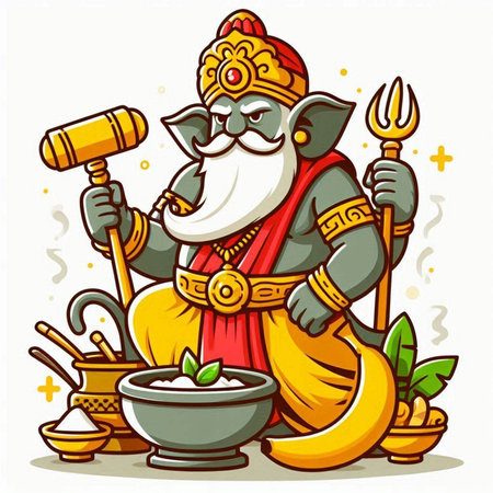 Vector illustration of Lord Ganesha with utensils in cartoon styleのイラスト素材
