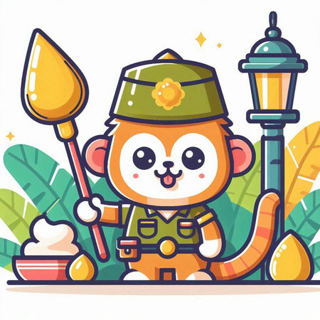 Cute Cartoon Monkey Wearing Army Costume with Spoon and Rice Bowlのイラスト素材