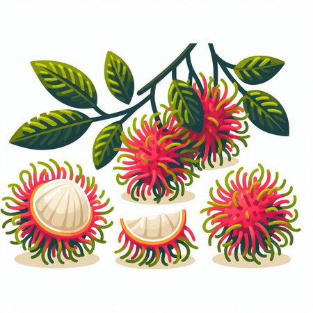 Tropical fruit rambutan on white background. Vector illustration.のイラスト素材