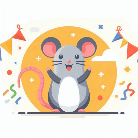 Cute cartoon mouse with confetti on white background. Vector illustration.のイラスト素材