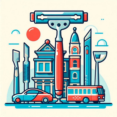 Vector illustration of a cityscape with buildings, roads and cars.のイラスト素材