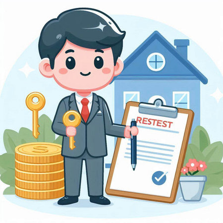 Real estate agent with house, key and coins. Vector illustration.のイラスト素材