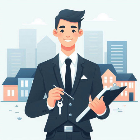 Real estate agent holding keys and clipboard. Vector illustration in cartoon styleのイラスト素材