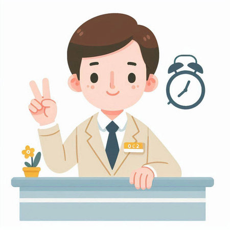 Illustration of a male receptionist at the reception desk with an alarm clockのイラスト素材