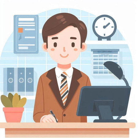 Illustration of a man working at a desk in an office.のイラスト素材