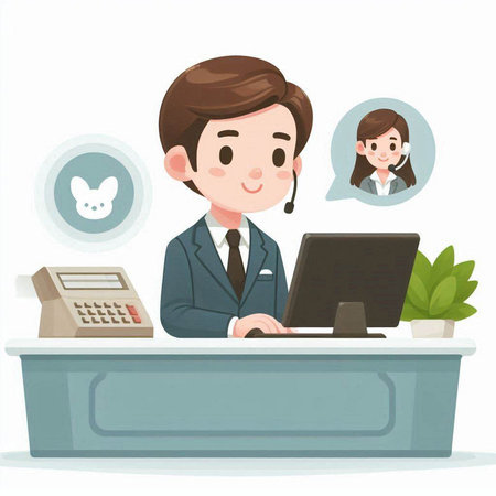 Illustration of a male receptionist at the reception desk with a customer service agentのイラスト素材