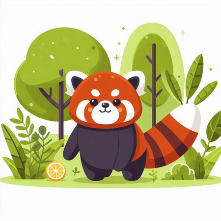 Cute red panda cartoon character in the forest. Vector illustrationのイラスト素材