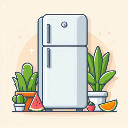 Refrigerator and fruits. Vector illustration in flat cartoon style.のイラスト素材