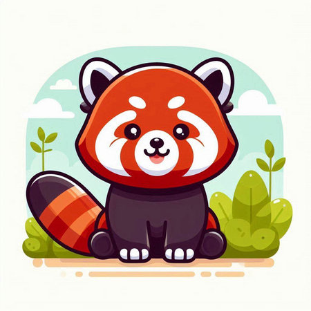 Cute cartoon red panda sitting on the ground. Vector illustration.のイラスト素材
