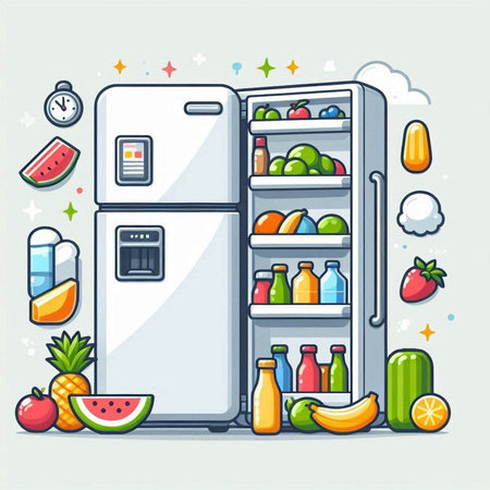 Refrigerator with fruits and vegetables. Vector illustration in cartoon style.のイラスト素材